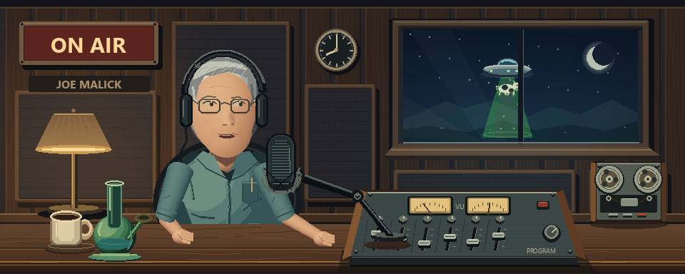 A cow hangs in a green beam beneath a flying saucer outside the studio, while Joe remains at his microphone.