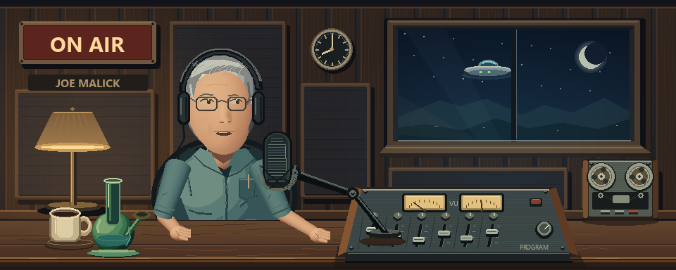 Joe at the microphone while a small illuminated flying saucer hovers beyond the left half of the studio window.