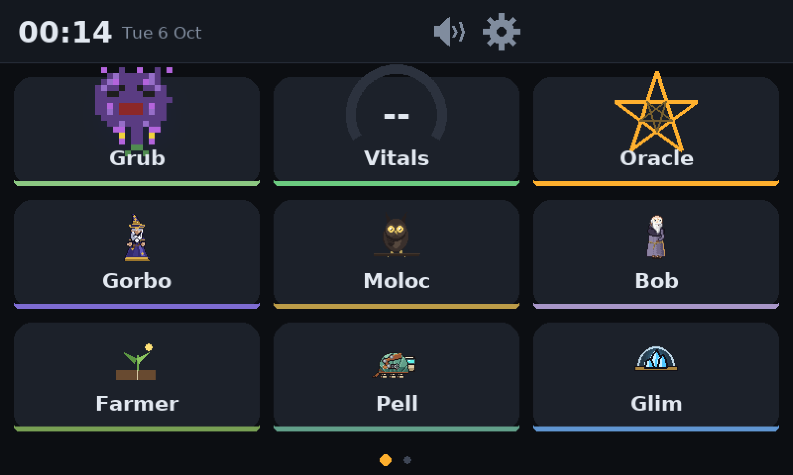 The crackpot home grid at 00:14 on Tuesday 6 October. Nine tiles: Grub, Vitals, Oracle, Gorbo, Moloc, Bob, Farmer, Pell and Glim. The Vitals dial shows two dashes.