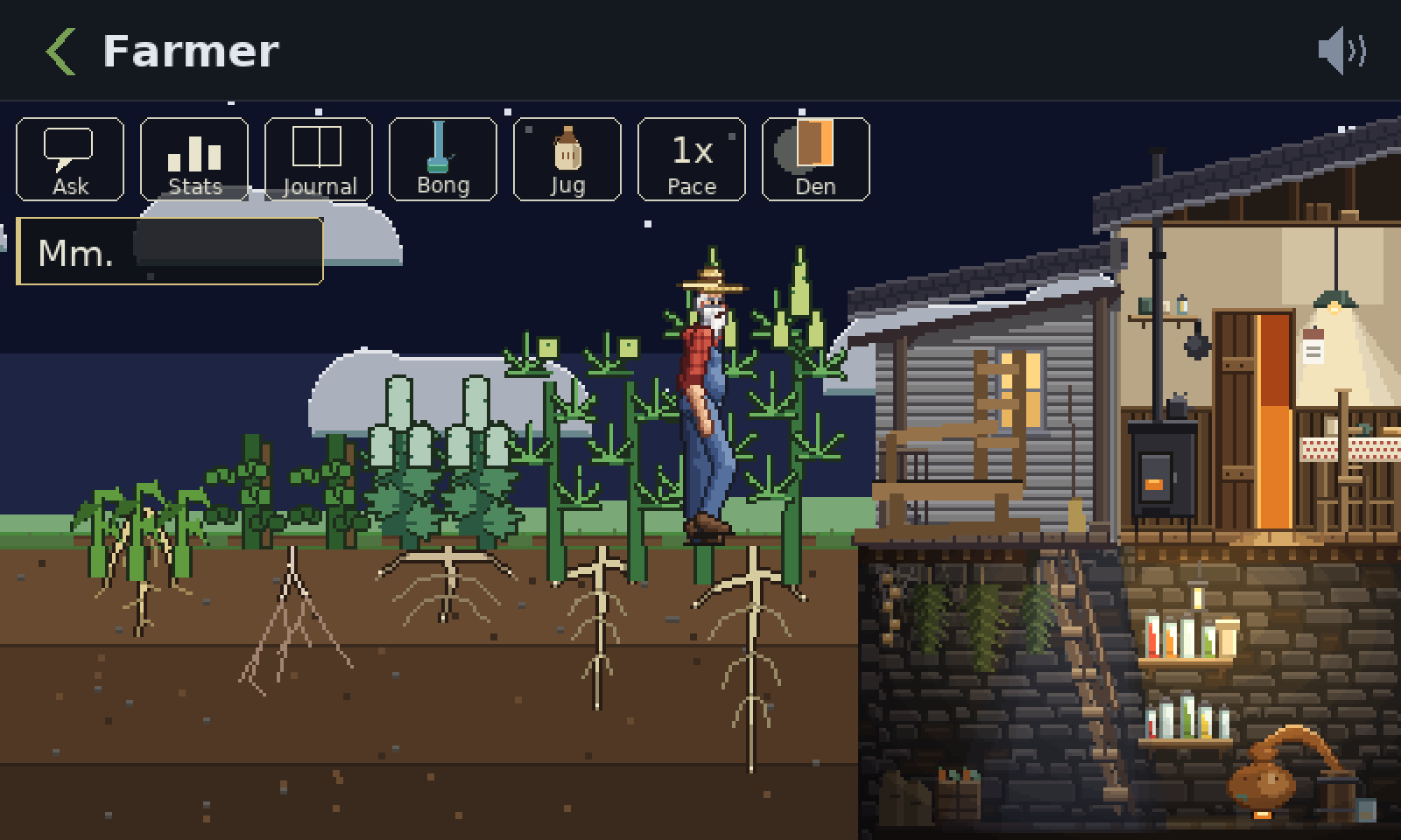 The Farmer’s tile at night: a farmer in a red shirt and a straw hat among tall green plants, beside a cabin with a lit window, with the roots drawn in the soil below. His speech box says: Mm.