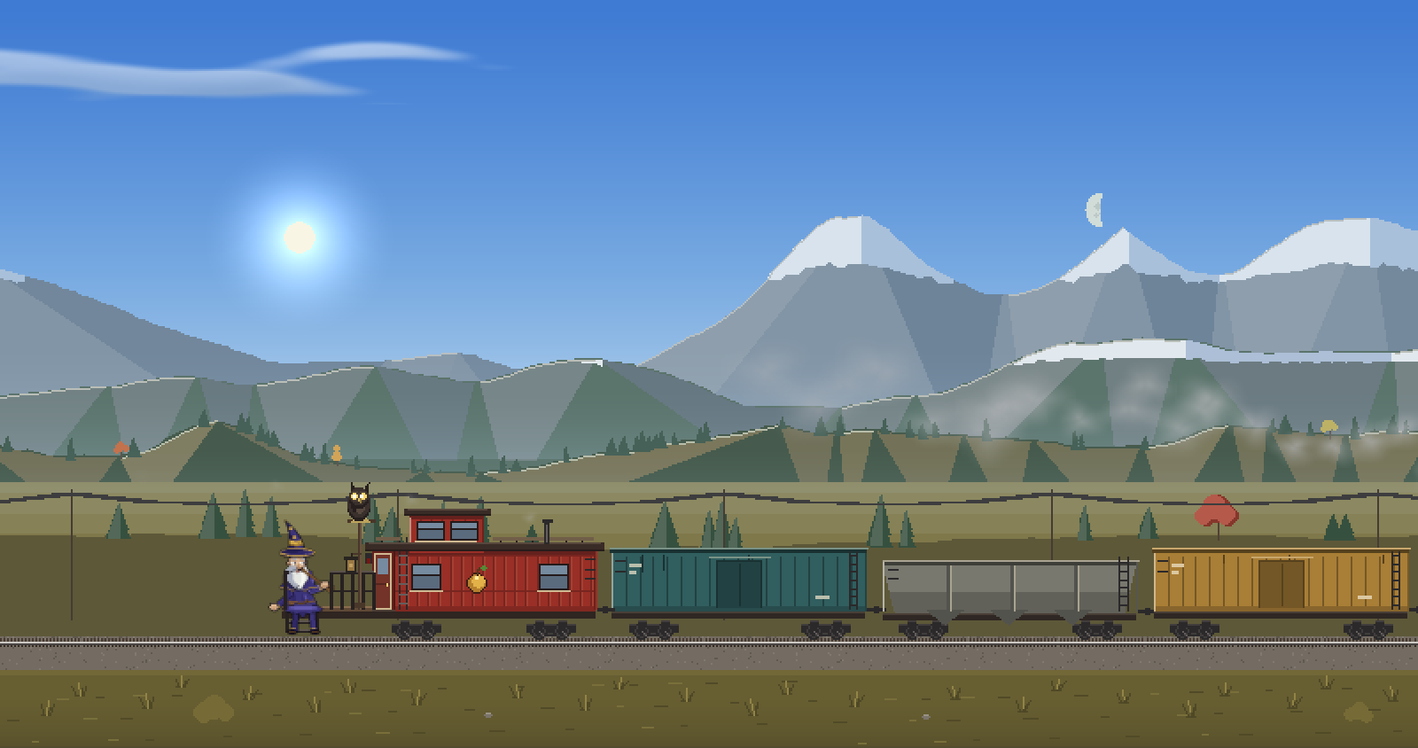 A freight train seen from the side, with a red caboose as its last car and Gorbo on the back porch with his owl. Here it crosses a plain under snow-capped mountains on a bright morning.