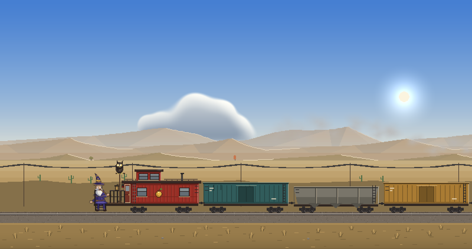 The same train in a desert of pale dunes and small cactus.