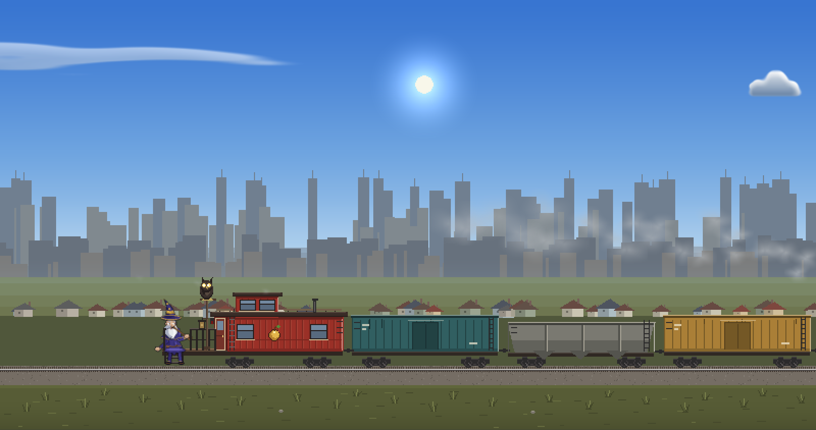 The train passing a skyline of grey towers, with small houses along the track.