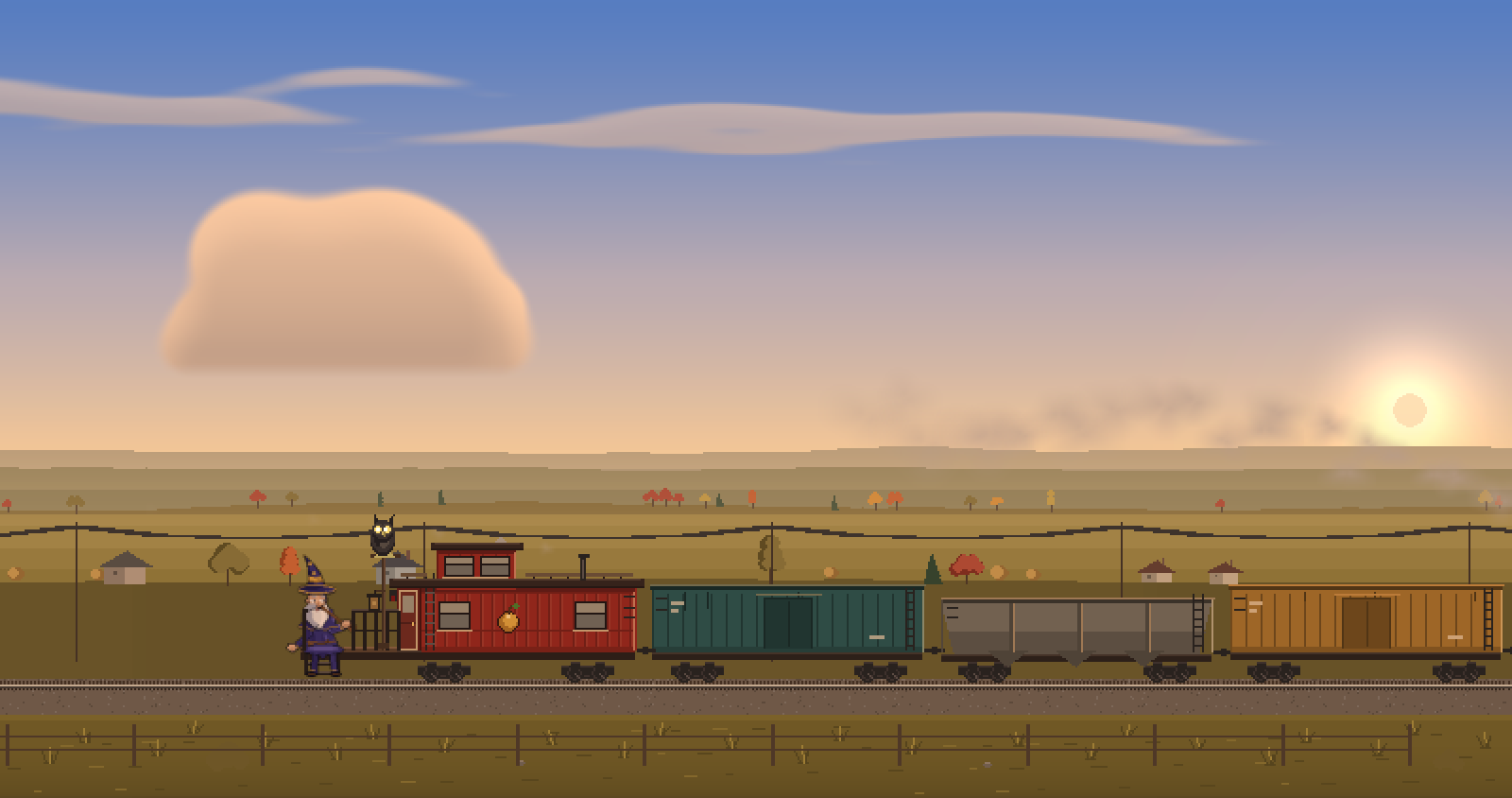 The train crossing farmland at sunset, with a fence in front and autumn trees behind.