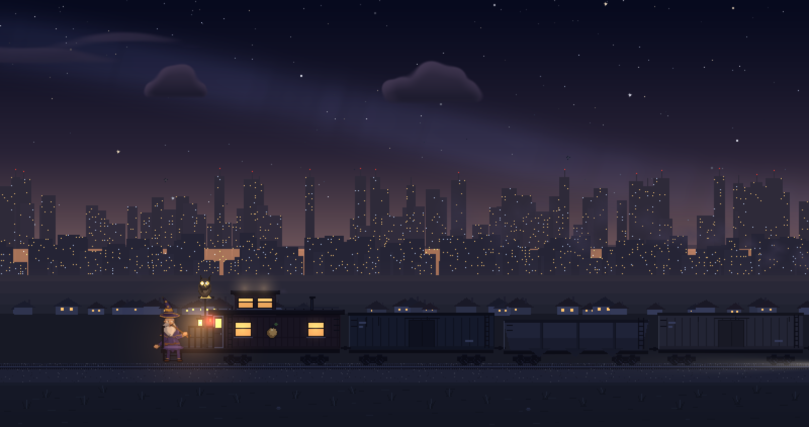 The train at night in front of a city of lit windows. The caboose’s windows glow and a lamp is lit on the porch.