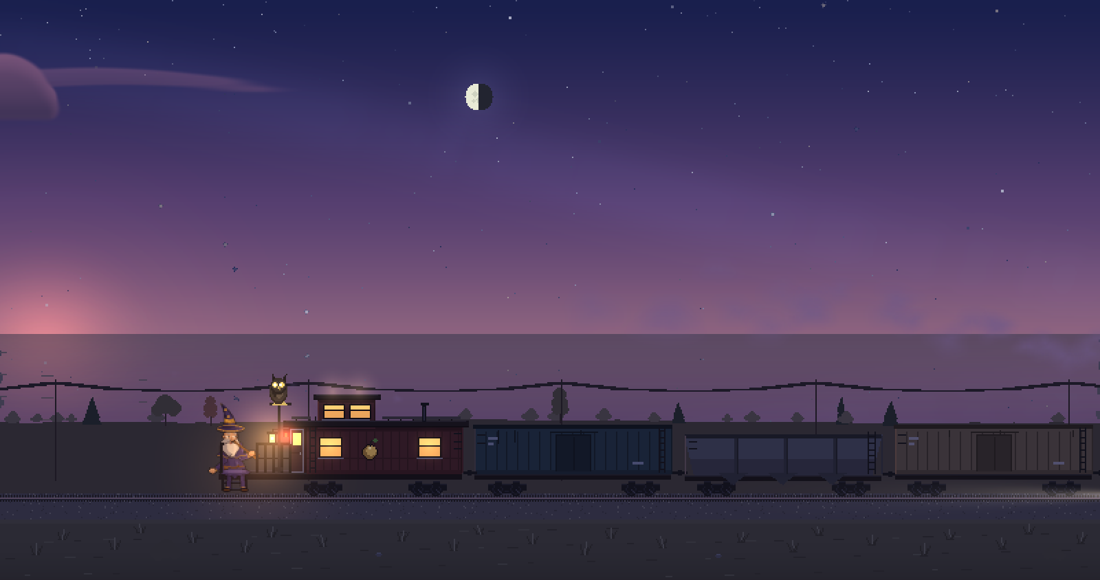 The train by the sea before sunrise, under a purple sky with a half moon and a pink glow on the horizon.