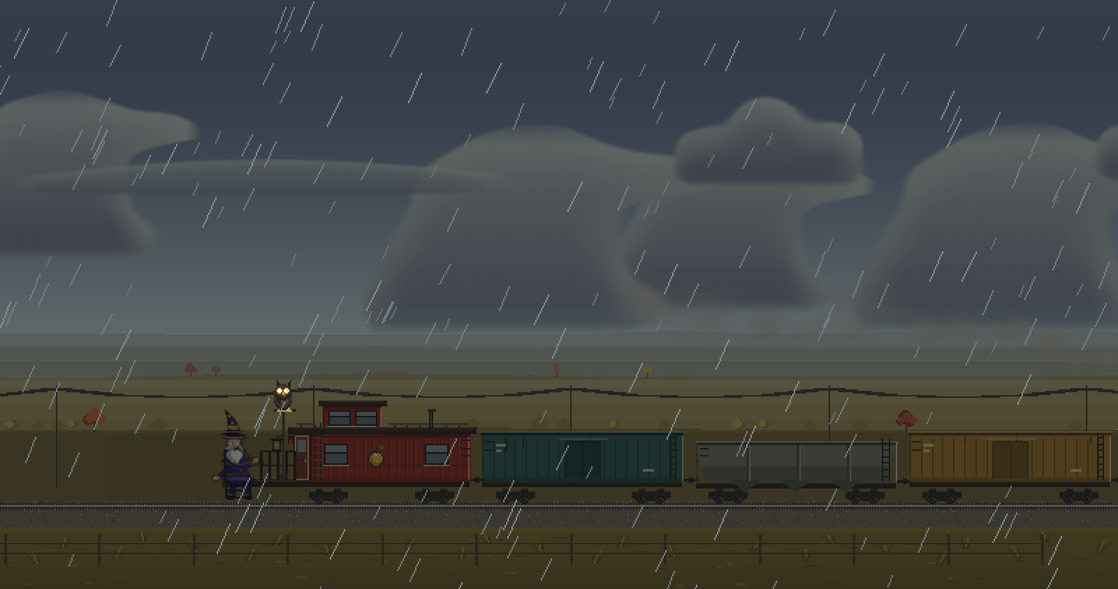The train in driving rain under heavy grey cloud.