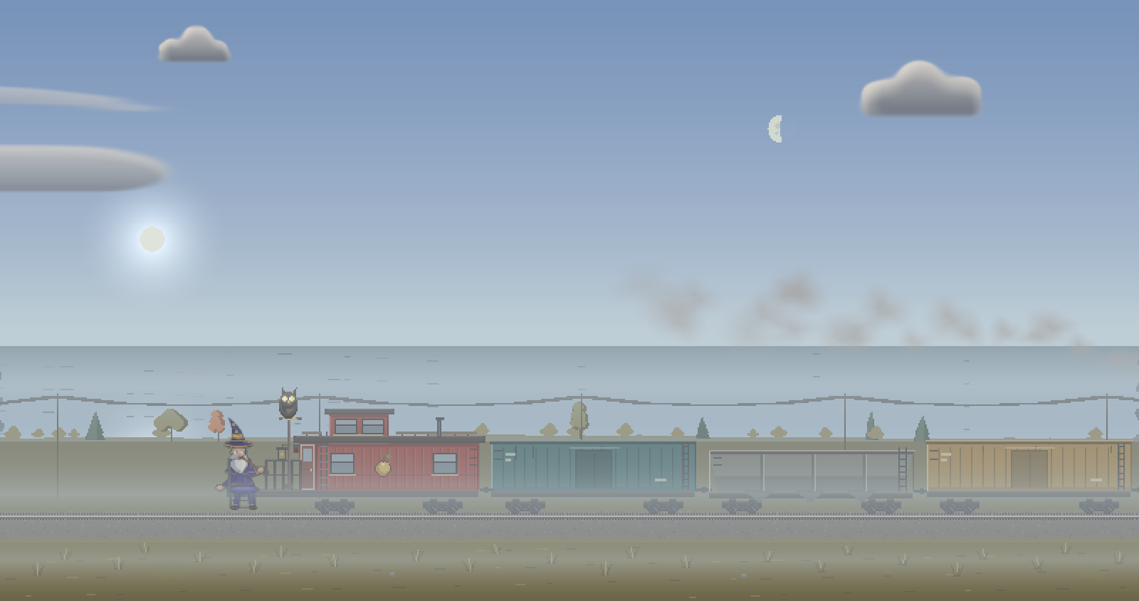 The train in thick fog by the sea, with its colours washed out.