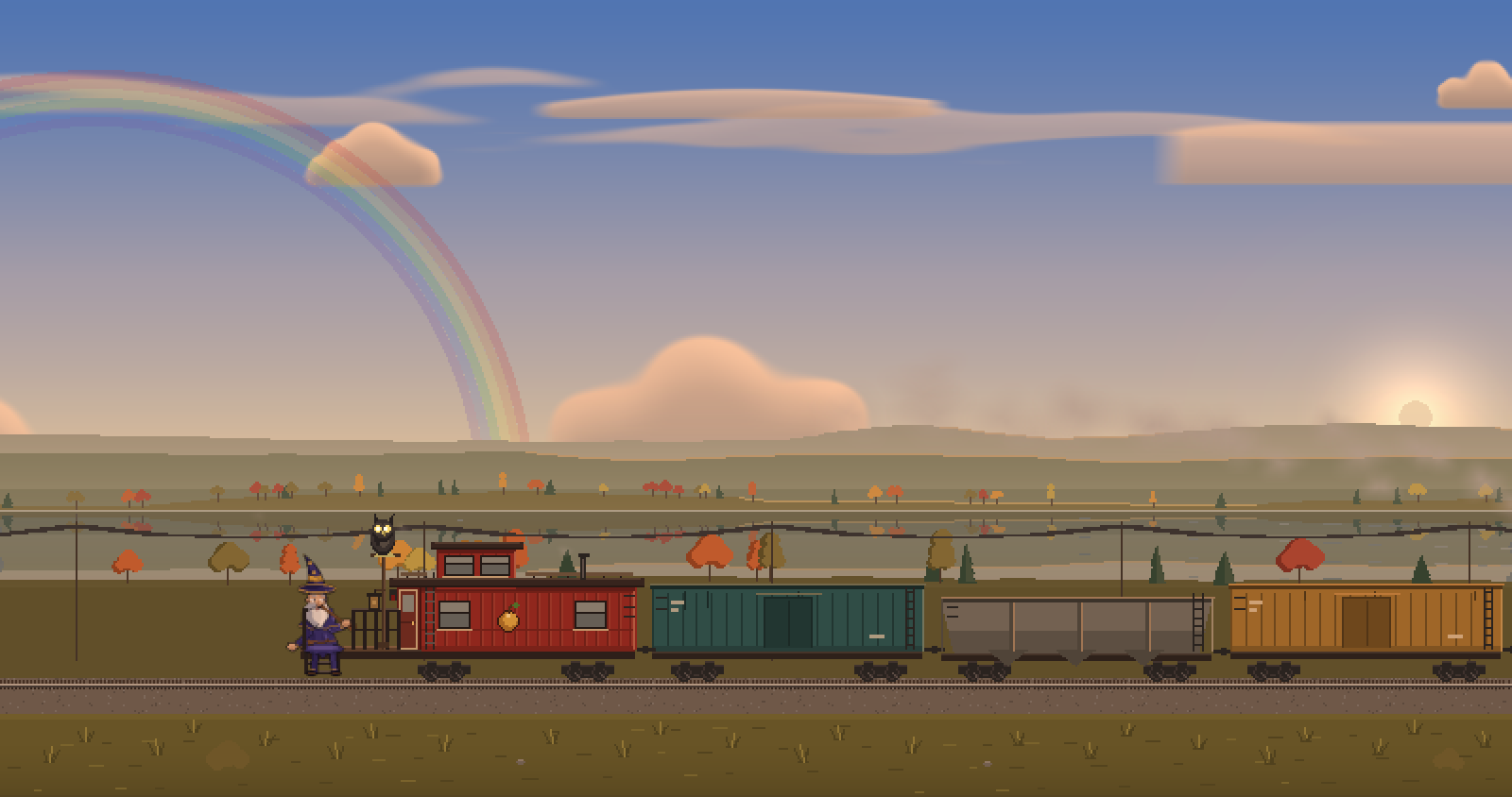 The train in farmland after rain, with a rainbow over the hills.