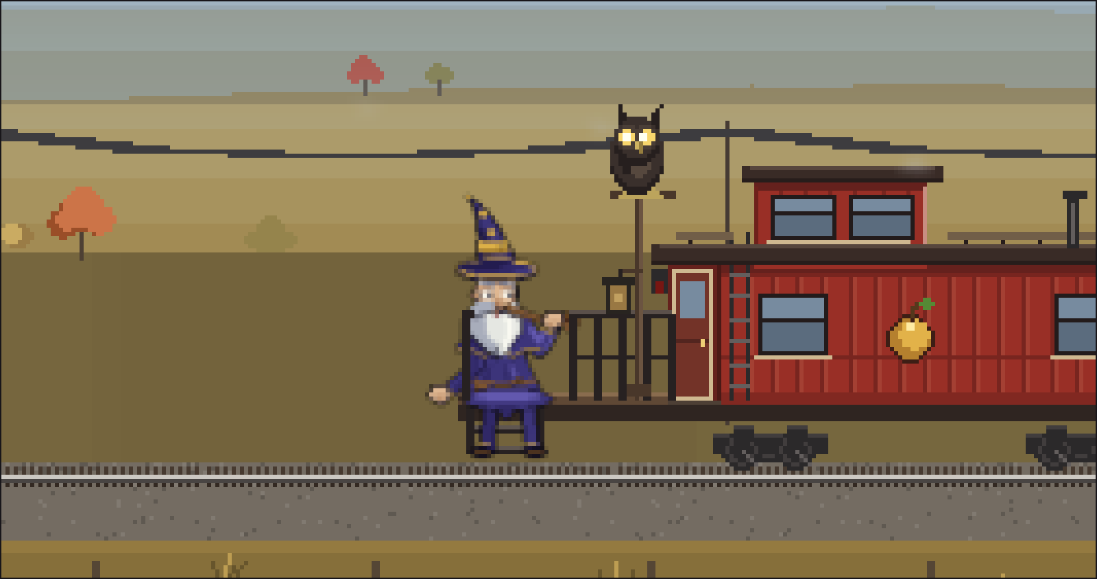 A close view of the back of the caboose. Gorbo sits on the edge of the porch with his pipe raised and his boots over the side. Moloc is on a perch above the railing, and a golden apple is painted on the red wall.
