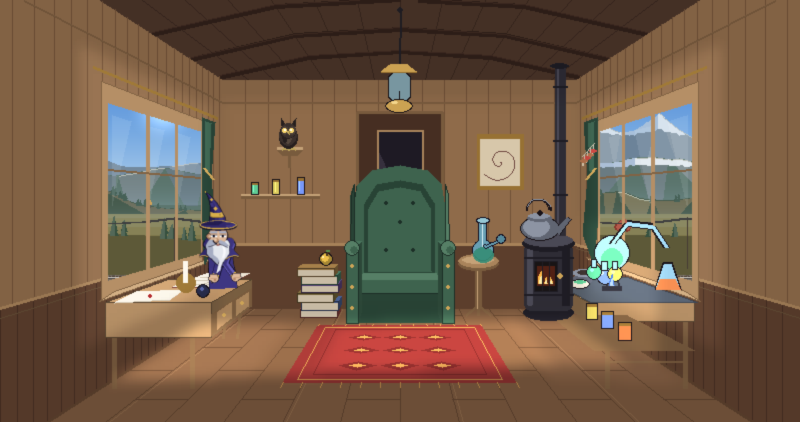 The inside of the caboose, seen from the door: wood-panelled walls, a window on each side, a green wing chair at the far end beside a stack of books, a pot-belly stove with a kettle, a bench of glassware, a red rug, and the owl on a wall perch. Gorbo sits at a small writing desk under the left window.