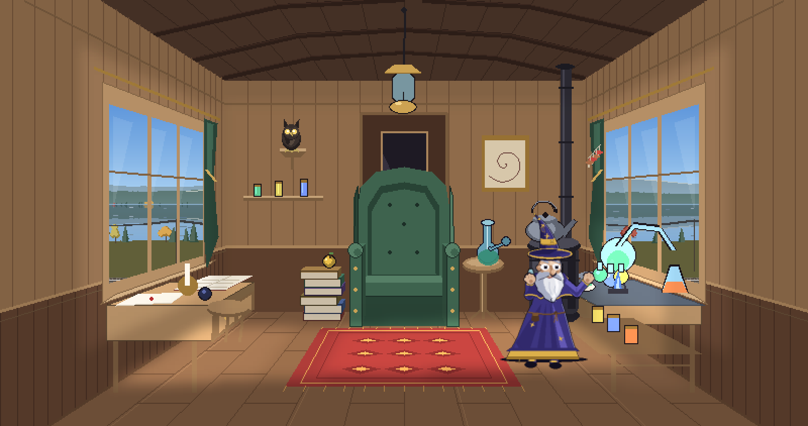 The same cabin with Gorbo standing at the bench of glassware on the right, next to the stove.