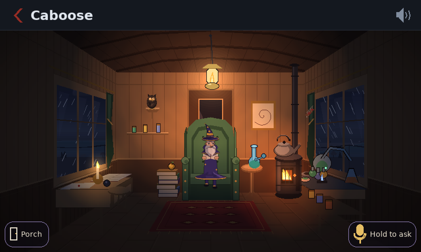 The Caboose tile at night. The cabin is lit by a hanging lantern and the stove, rain streaks the dark windows, and Gorbo sits in the green chair. Two buttons at the bottom: Porch, and Hold to ask.