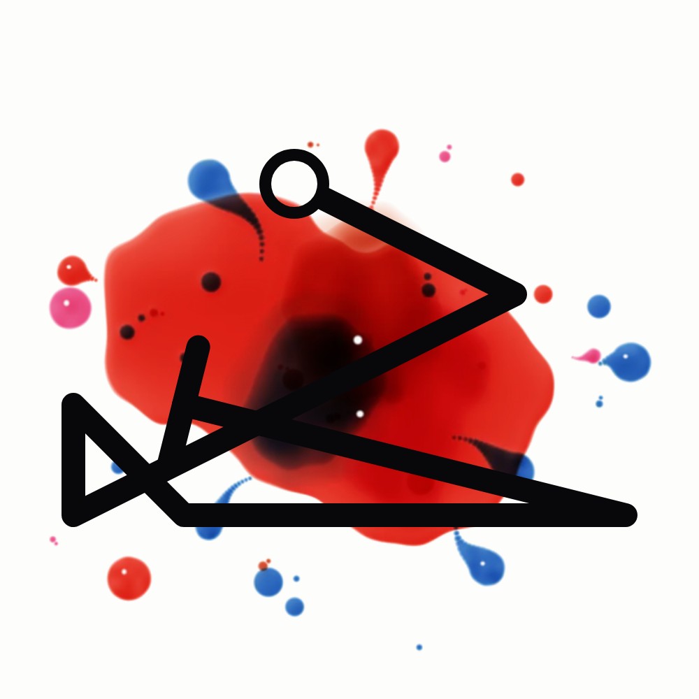 A sigil drawn as one thick black line with a small open circle where it starts and a short bar where it stops, over a pool of wet red paint with blue and pink drops around it.