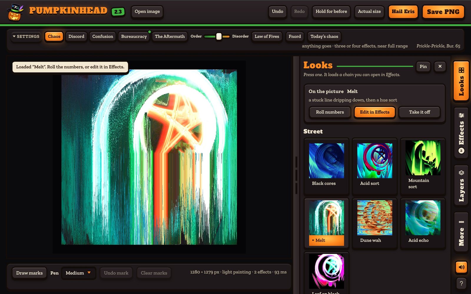 Pumpkinhead in a browser. A light-painting photograph with the Melt look on it, its colours dripping down in long streaks. To the right, the Looks drawer shows the same photograph on a wall of small tiles, each glitched a different way. Along the top are Open image, Undo, Hail Eris and Save PNG.