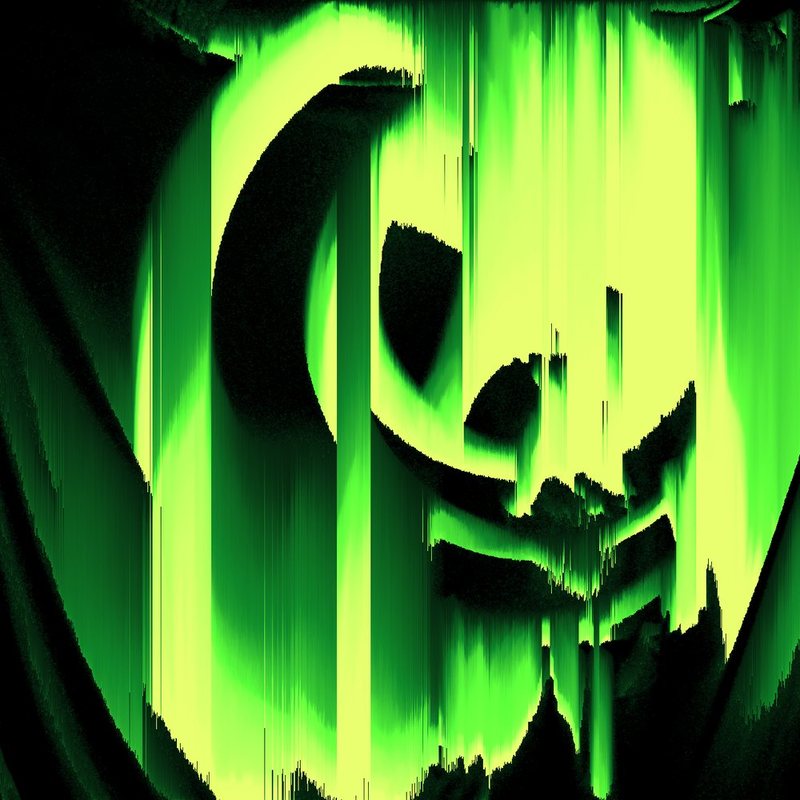 The light painting as acid green shapes on black, pulled into tall ragged columns.