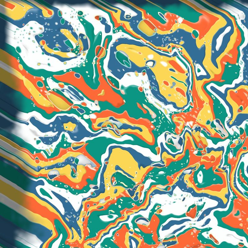 The light painting poured as liquid paint: ribbons of teal, orange, yellow, white and navy running down to the right, with small cells breaking through.