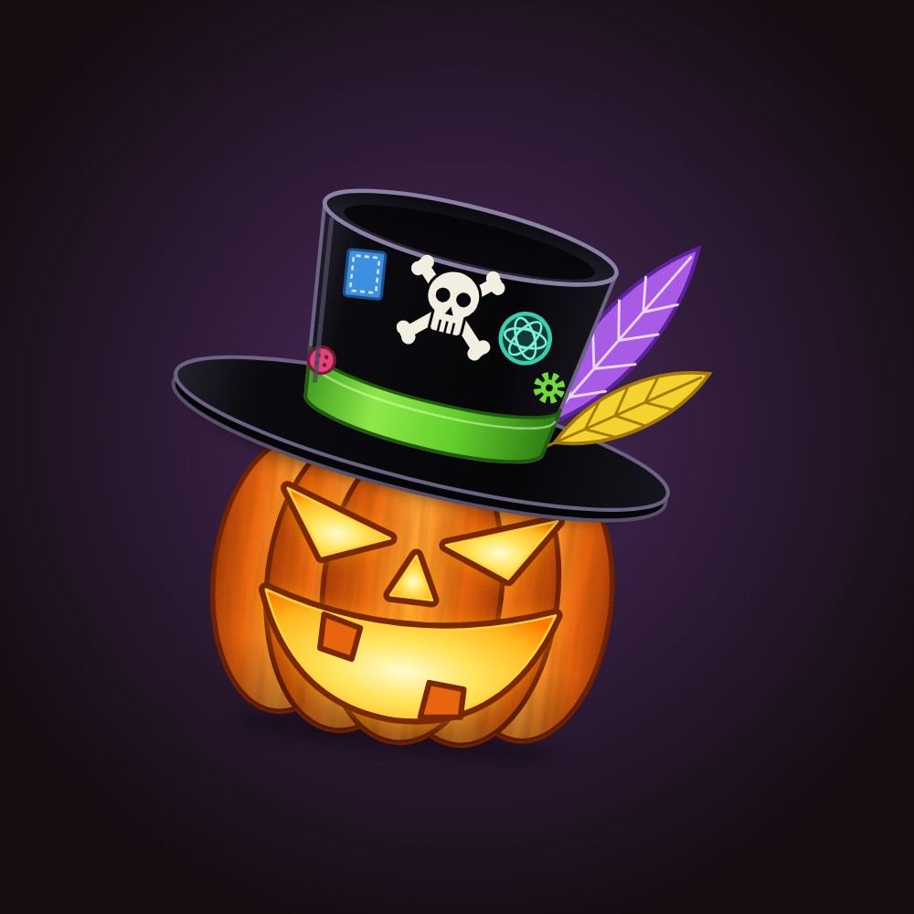 The Pumpkinhead logo on a dark plum ground: a carved, lit jack-o’-lantern wearing a tilted black top hat with a green band. On the hat are a skull and crossbones, a stitched blue patch, a pink button, a medallion and a small gear, with a violet feather and a yellow feather behind.