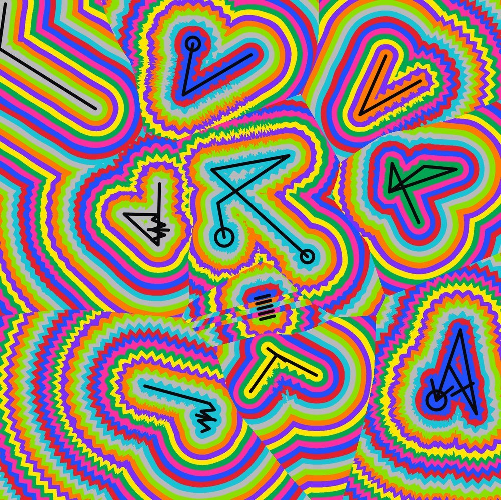 A scatter of small sigils drawn in black line, each wrapped in dozens of thin zigzag rings in clashing yellow, orange, violet and blue until the rings fill the whole picture.