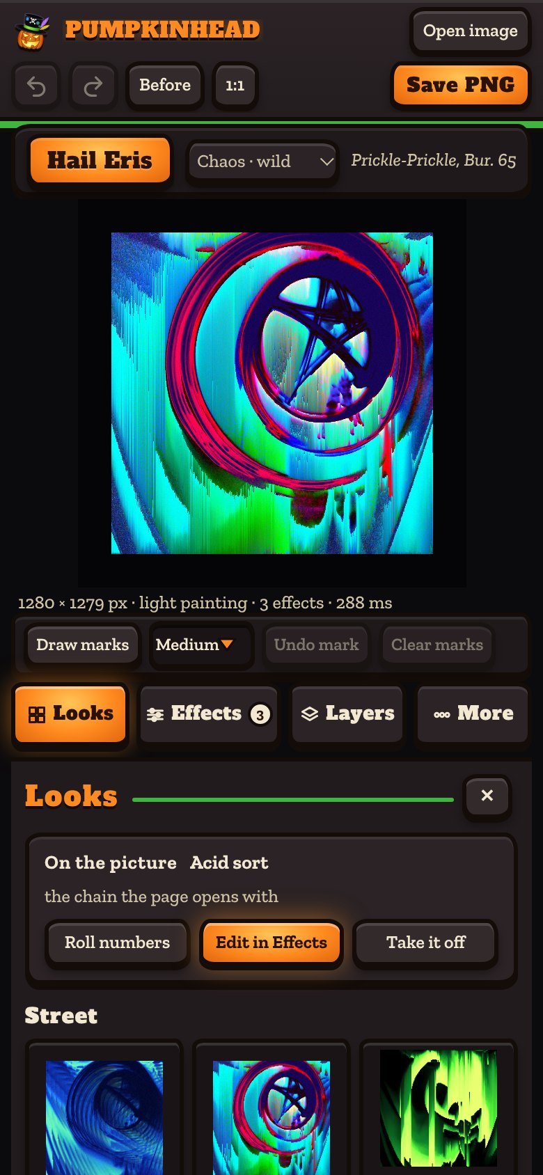 Pumpkinhead on a phone: the picture pinned at the top, a row of four tabs under it for Looks, Effects, Layers and More, and the wall of looks below.