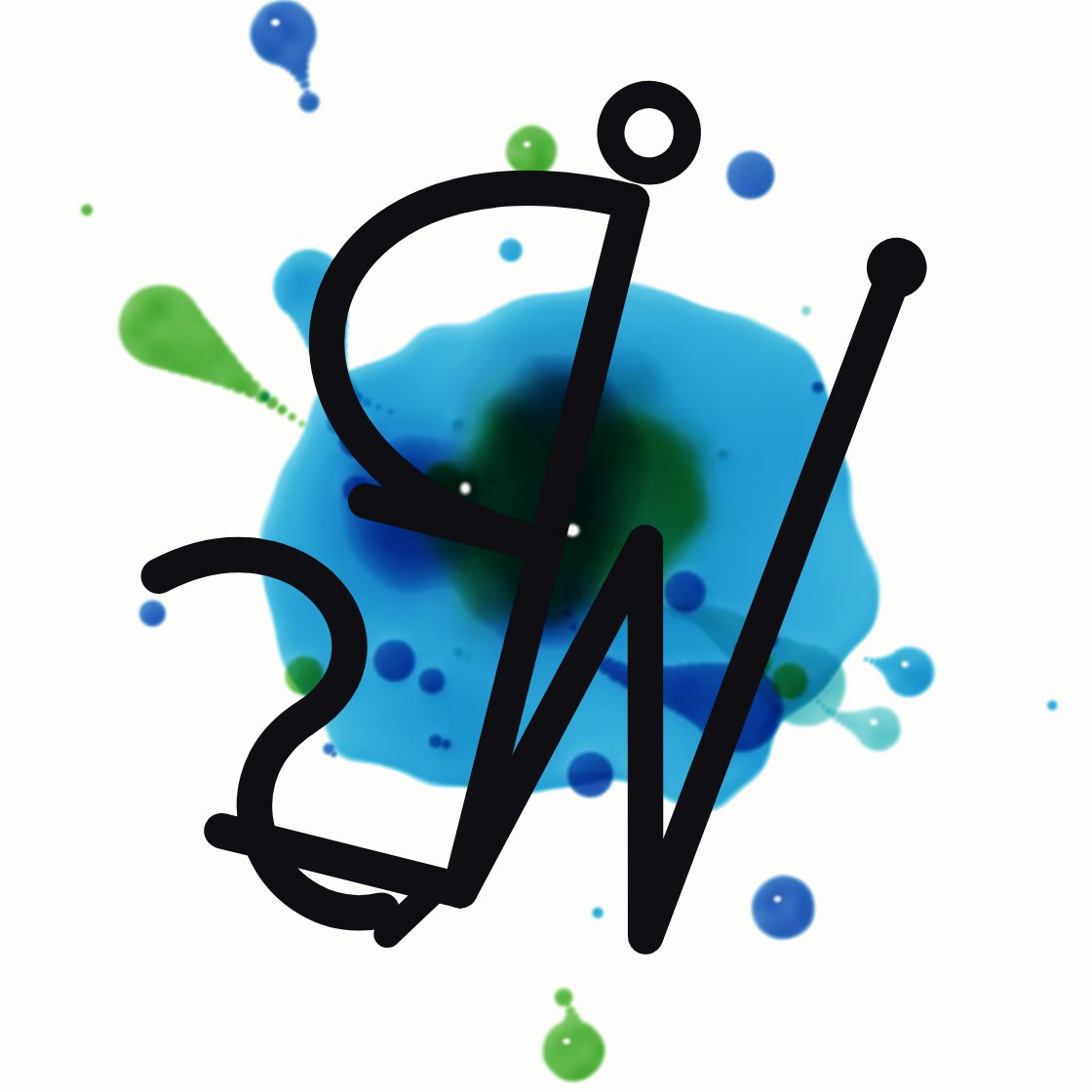 A sigil drawn in code to look like pen work, in thick black line: a tall stem with a bowl, a W hanging off it and an S curling through it, the whole thing turned and mirrored, with a small circle and a dot on top, over a pool of wet blue and green paint.