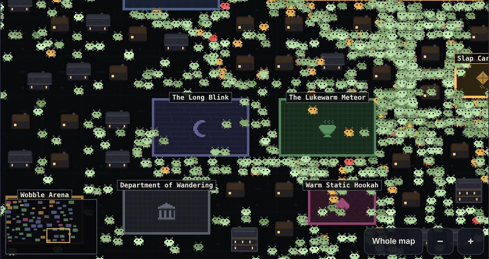 The pocket colony zoomed in: crowds of small green pixel creatures, with a few amber and red ones, around houses and outlined places named The Long Blink, The Lukewarm Meteor, the Department of Wandering and Warm Static Hookah.