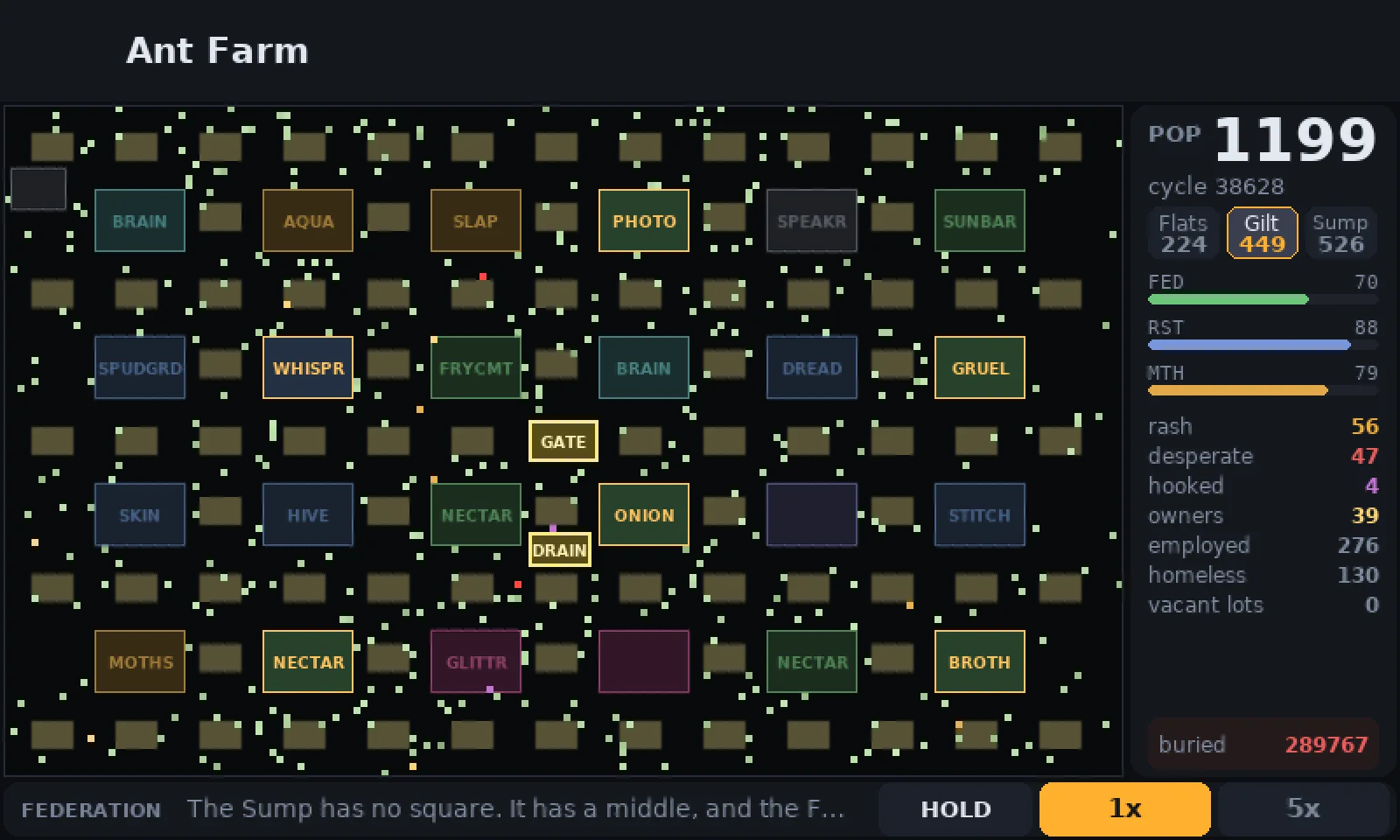 The Gilt on the Pi panel: a tidy lattice of identical boxes between labelled places like DRAIN, AQUA, SLAP, PHOTO, GATE and ONION. The world switcher reads Flats 224, Gilt 449, Sump 526.