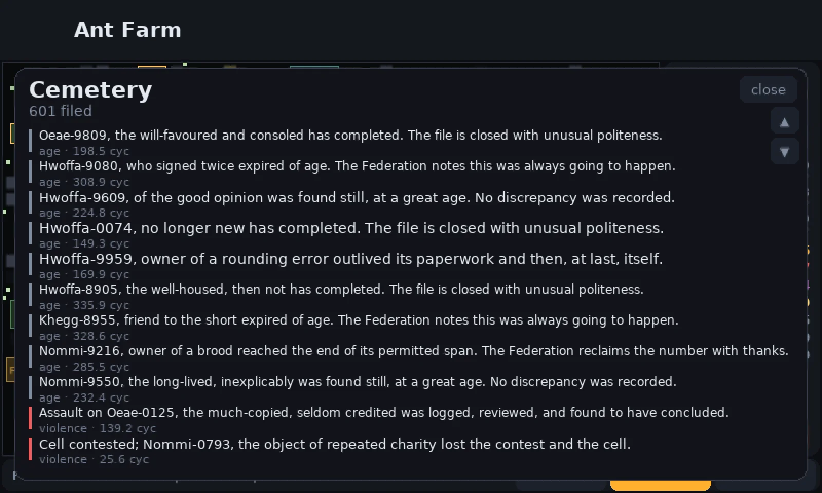 The Cemetery view: a list of epitaphs such as Hwoffa-9080, who signed twice, expired of age, The Federation notes this was always going to happen, and Assault on Oeae-0125, the much-copied, seldom credited was logged, reviewed, and found to have concluded.