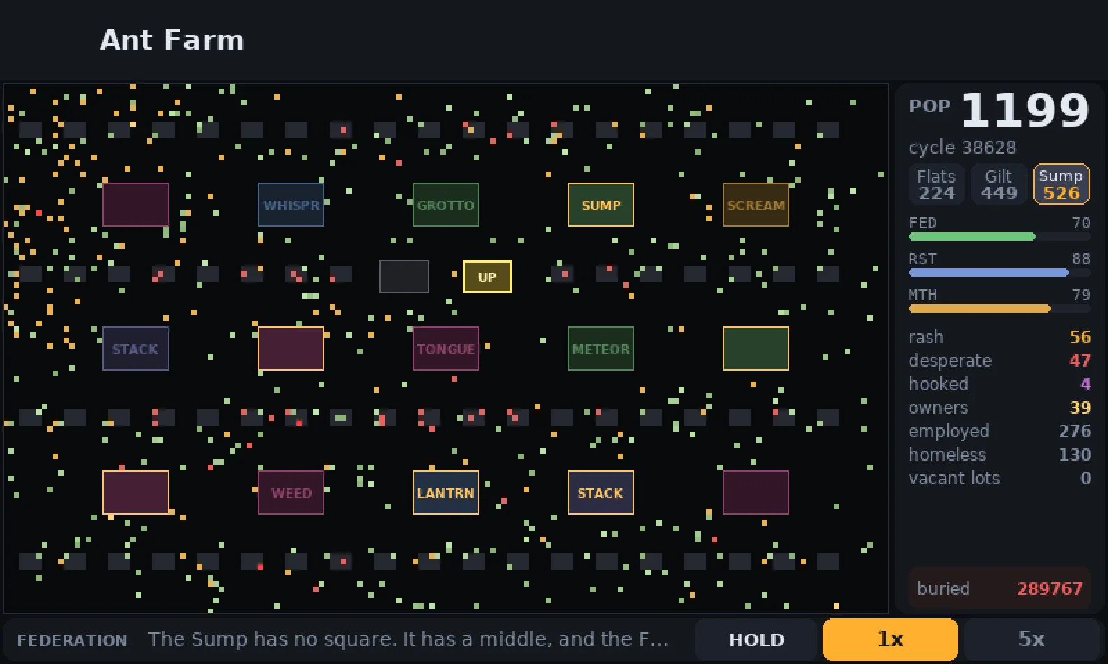 The Sump on the Pi panel: a darker, sparser map of places named WHISP, GROTTO, SUMP, SCREAM, STACK, TONGUE, METEOR, WEED and LANTRN, with an UP gate, crowded with yellow and red dots.