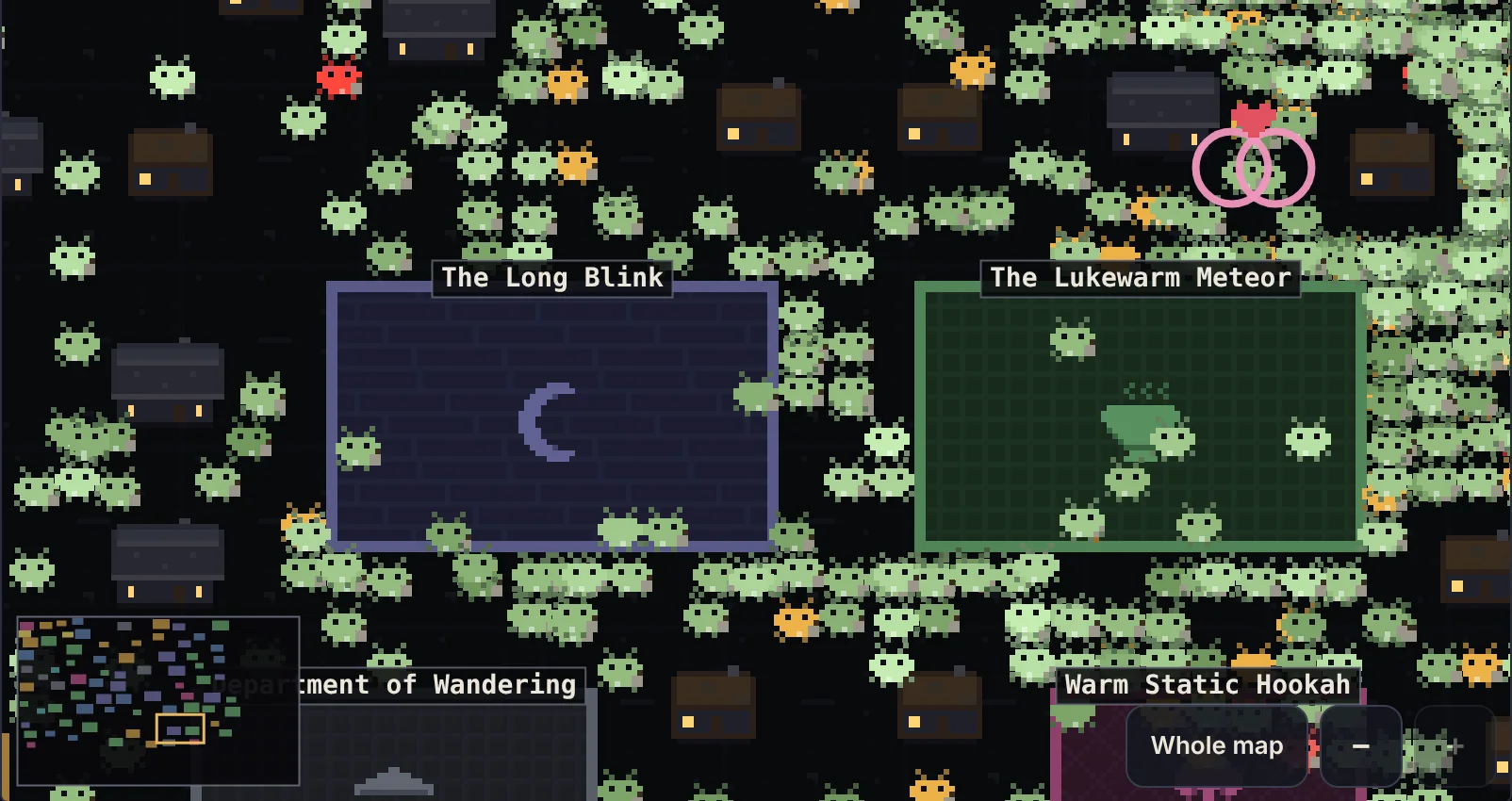The closest zoom on the pocket colony: rows of plump green creatures with antennae and stubby limbs, a few amber and red, crowding past The Long Blink and The Lukewarm Meteor. A pink double ring with a heart floats over two of them.