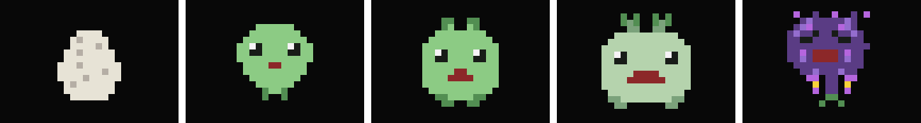 Five grub sprites in a row: a speckled egg, a small green sprout, a round blob, a larger elder with a frown, and a purple horned ancient.