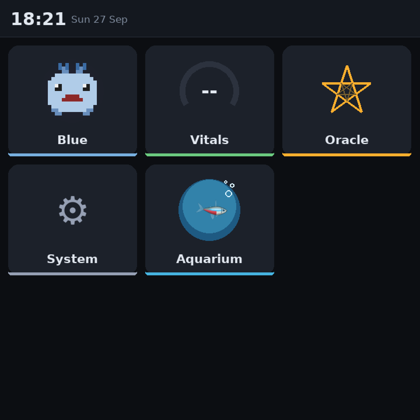 A square home grid of five tiles on a dark screen: Blue, Vitals, Oracle, System and Aquarium. The clock reads 18:21, Sunday 27 September.