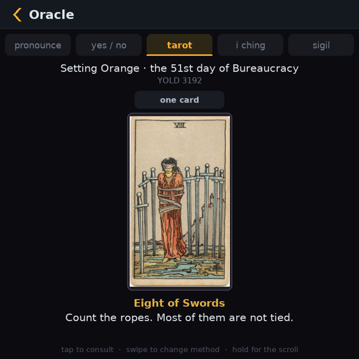 The Oracle’s tarot tab showing one card, the Eight of Swords, with the line: Count the ropes. Most of them are not tied.