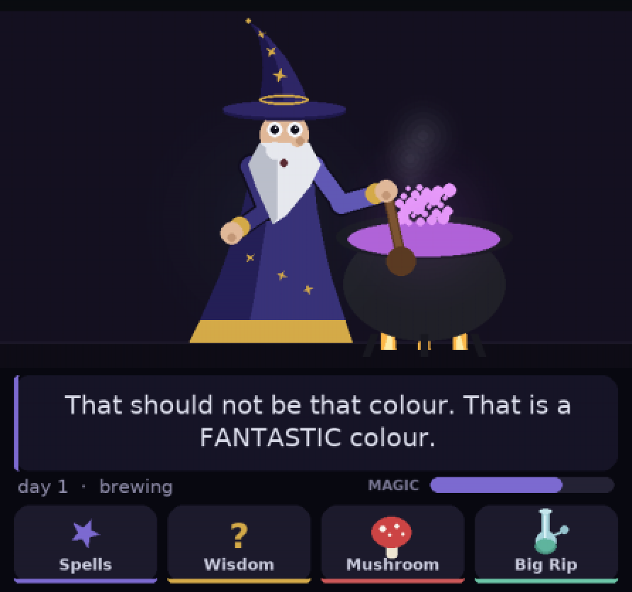 Gorbo as first drawn, in smooth shapes: a wizard with a gold hat brim stirring a cauldron of purple bubbles. He says: That should not be that colour. That is a FANTASTIC colour.