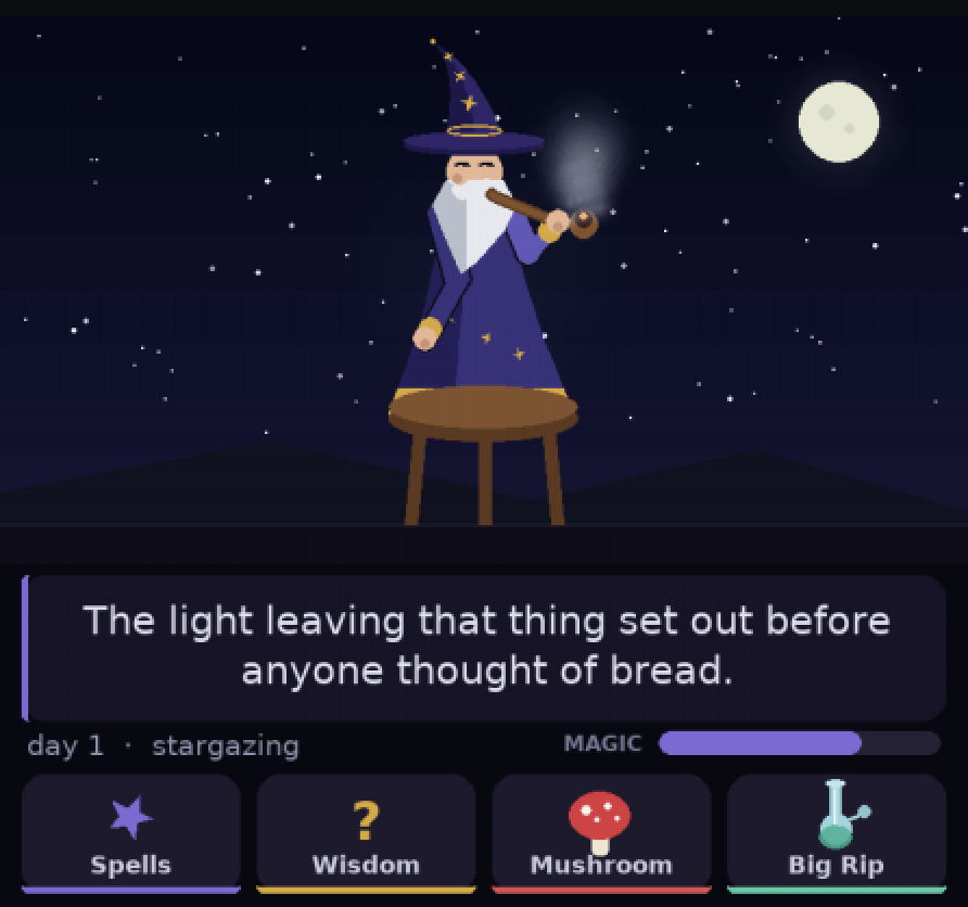 The first Gorbo on a stool under a night sky with a full moon, smoking a pipe. He says: The light leaving that thing set out before anyone thought of bread.