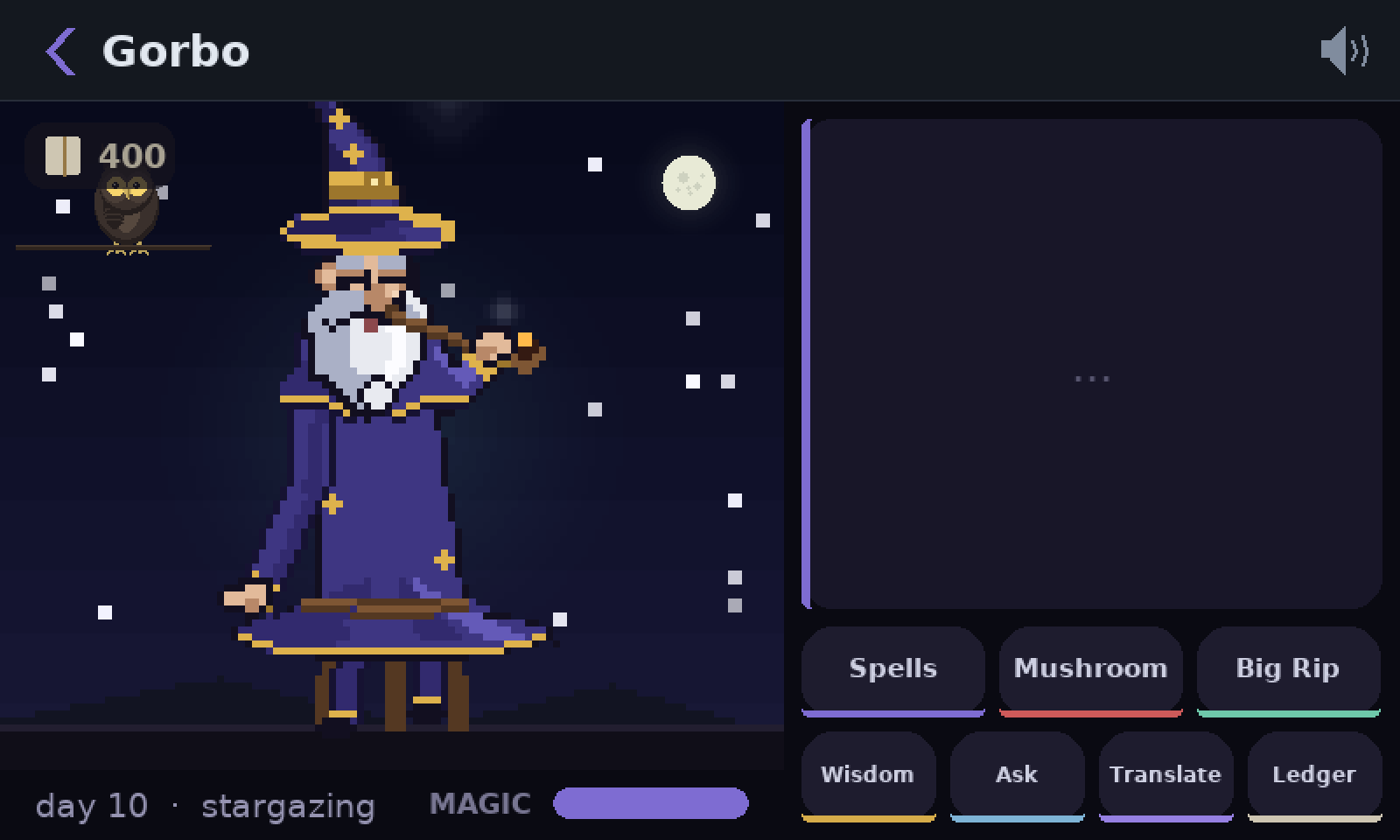 Pixel-art Gorbo on his stool with his pipe, under the moon. His speech panel shows only three dots.
