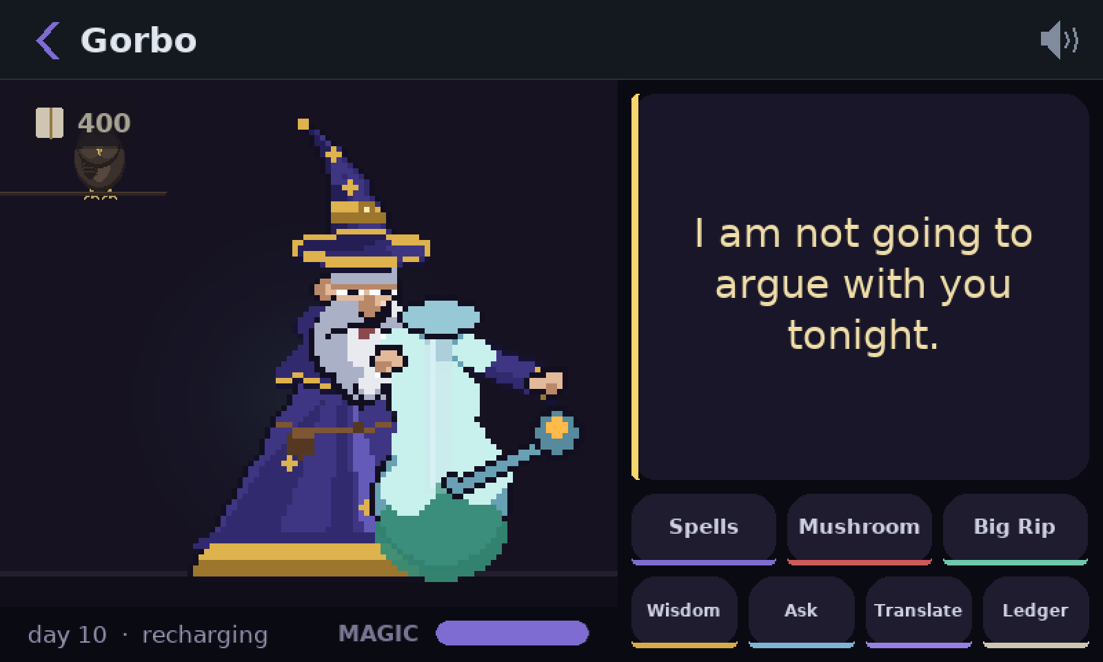 Pixel-art Gorbo with a large teal bong, mid-rip. He says: I am not going to argue with you tonight.