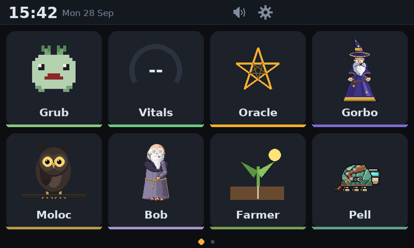 The crackpot home grid at 15:42 on Monday 28 September. Eight tiles: Grub, Vitals, Oracle, Gorbo, Moloc, Bob, Farmer and Pell.