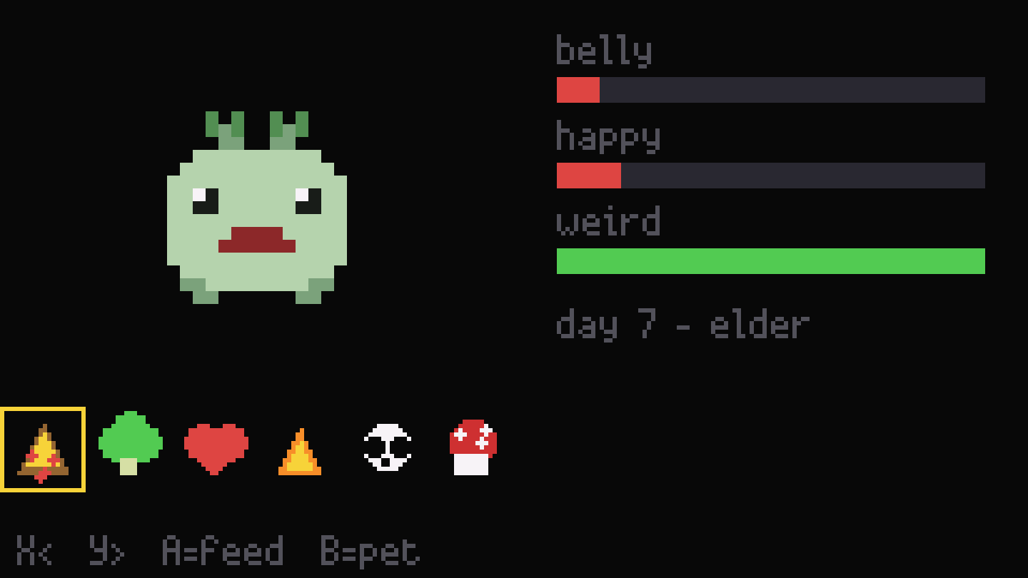 The first grub with nothing to say: belly and happy bars on their floors, weird bar full, day 7, elder.