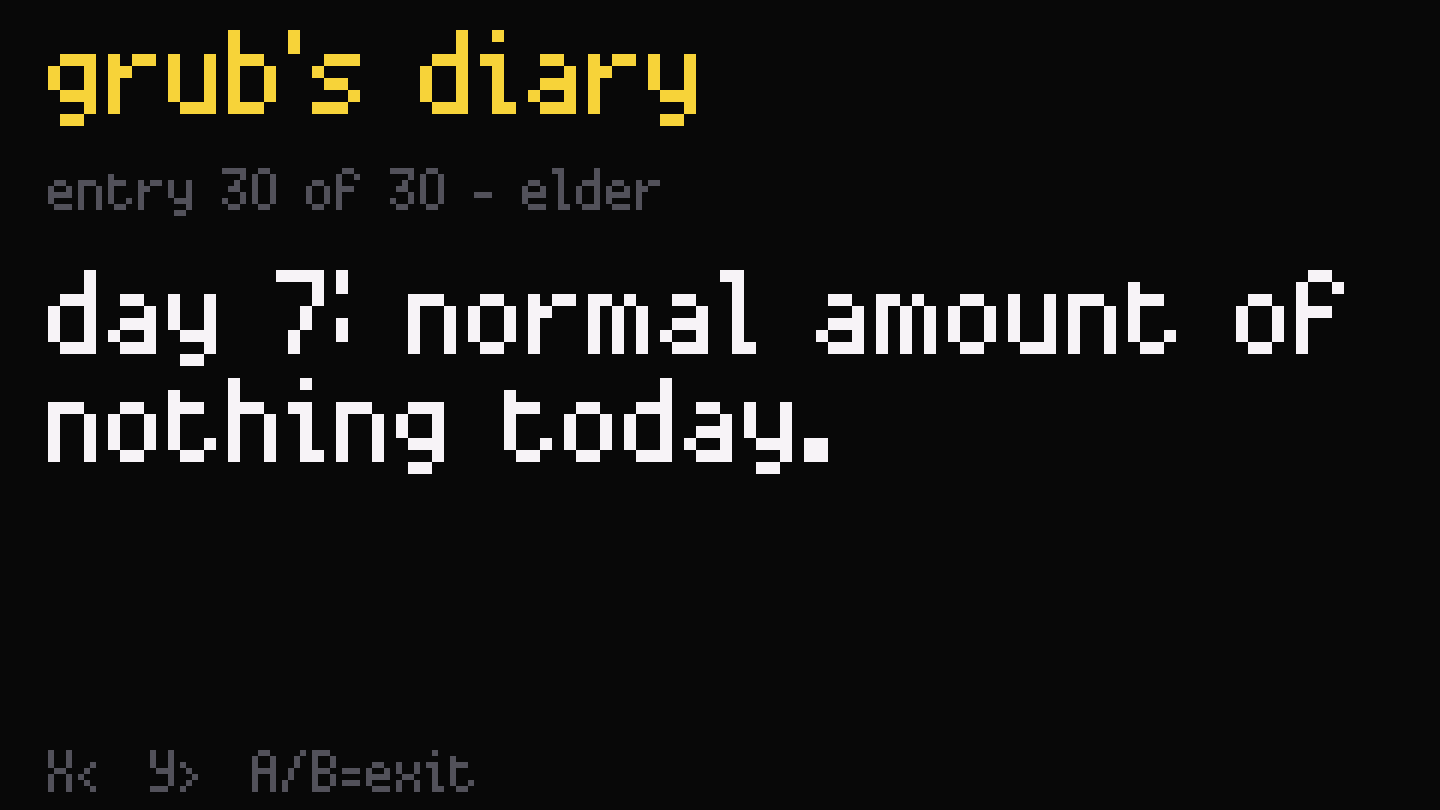 Diary screen, entry 30 of 30, elder: day 7: normal amount of nothing today.
