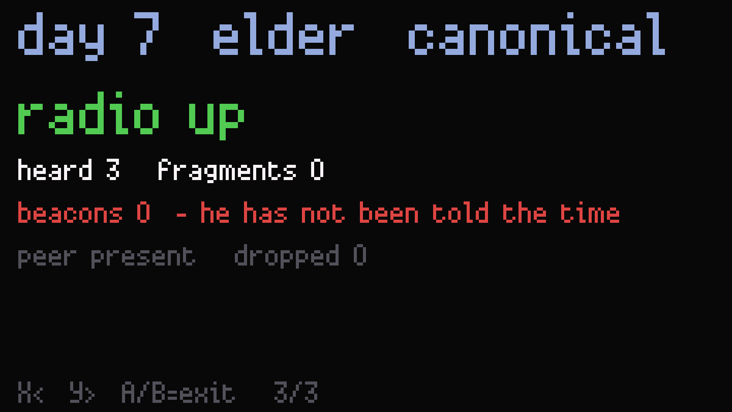 The version-two radio page: radio up, heard 3, fragments 0. In red: beacons 0, he has not been told the time.
