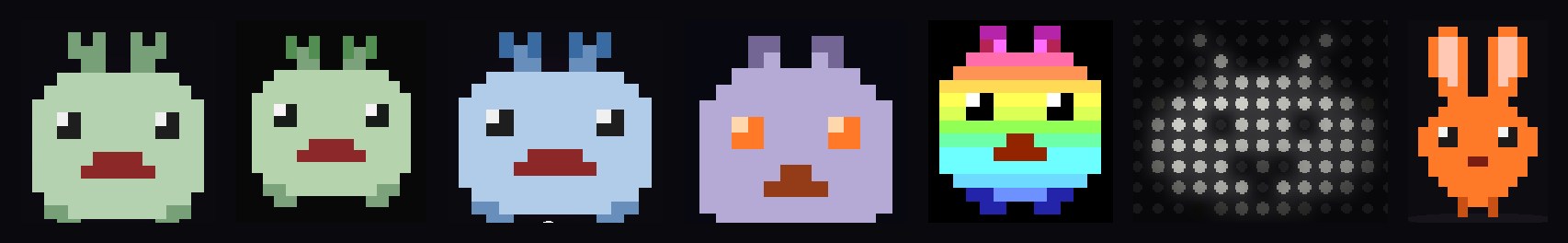 Seven sprites in a row: two green grubs, a blue grub with horns, a lavender grub, a grub in rainbow stripes, a grub drawn in white LED dots, and an orange rabbit.
