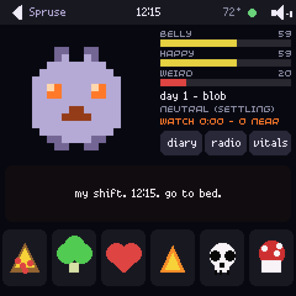 Spruse, a lavender grub with orange eyes, drawn solid at 12:15. Watch 0:00, 0 near. He says: my shift. 12:15. go to bed.