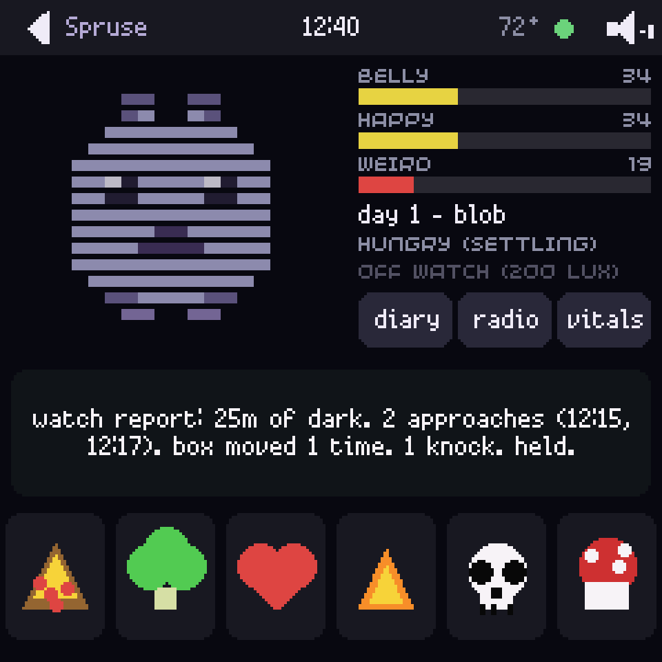Spruse drawn faint, in thin horizontal lines, at 12:40. He says: watch report: 25m of dark. 2 approaches (12:15, 12:17). box moved 1 time. 1 knock. held.