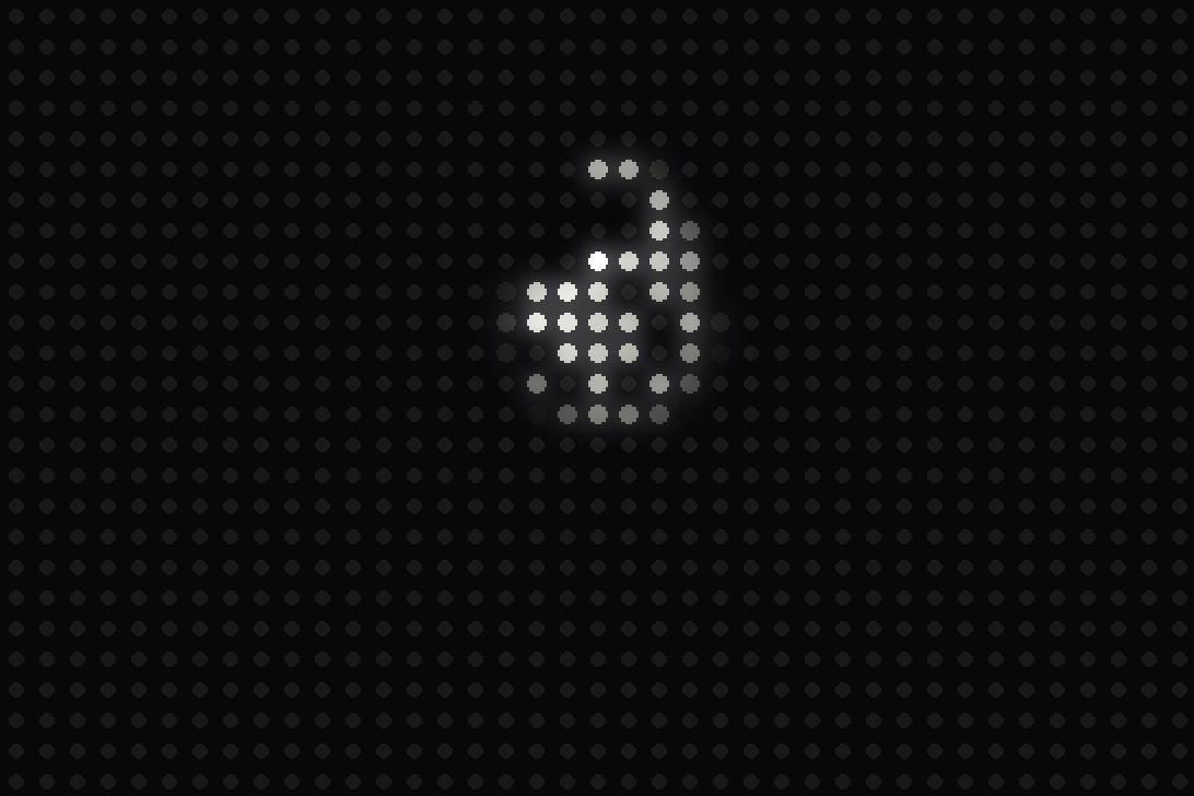 A grid of dim LED dots with a tilted egg picked out in lit white dots.