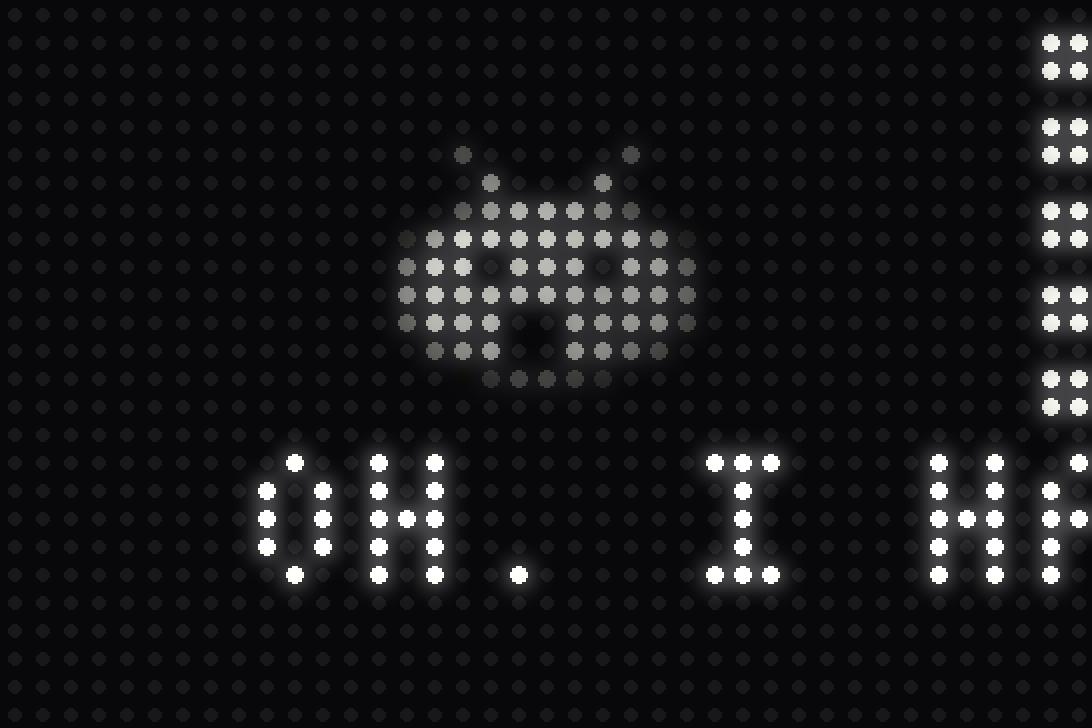 The LED grid with a small grub in lit dots, and large dot-matrix letters scrolling under him: OH. I H