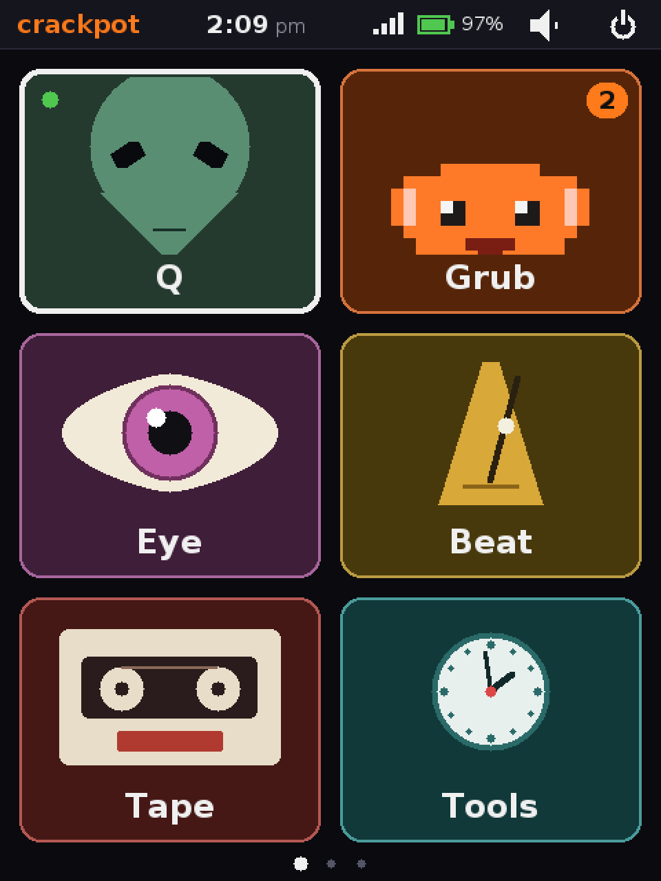 The R1’s home page, a real screen capture: tiles for Q, Grub, Eye, Beat, Tape and Tools. The Grub tile shows an orange rabbit.