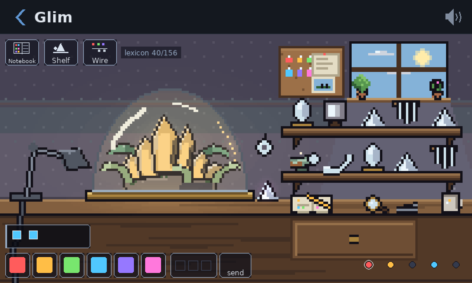 Glim’s room in pixel art: a glowing crystal under a glass dome on a desk, shelves of specimens, and a row of colour swatches along the bottom.