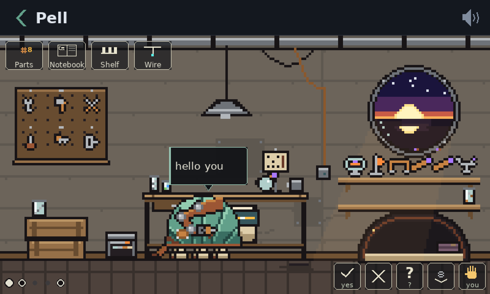 Pell’s workshop in pixel art: a green creature at a bench under a porthole showing a sunset, beside a small sign that says hello you.