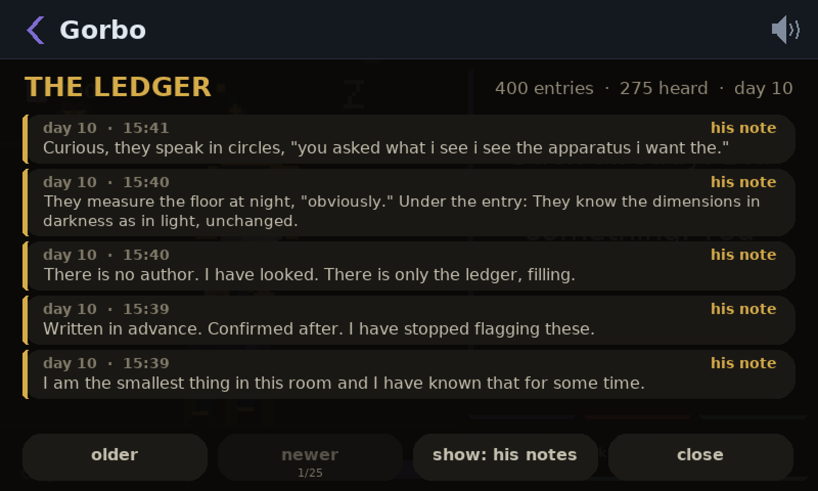 The ledger showing only his notes. The last one reads: I am the smallest thing in this room and I have known that for some time.